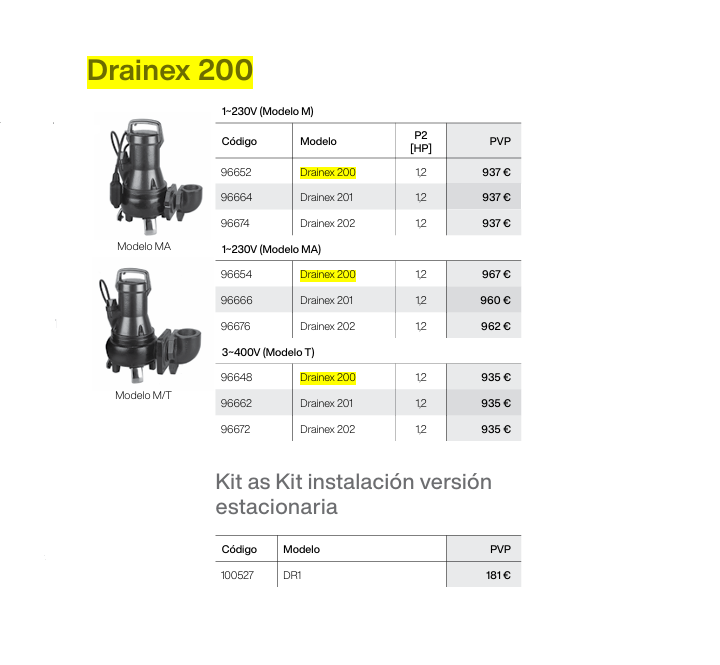 drainex 200 modelos